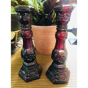 Avon Pair of Deep Red Glass Candlesticks
